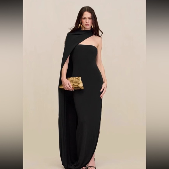cult gaia Dresses & Skirts - cult gaia One-Shoulder Black Evening Gown with Draped Cape